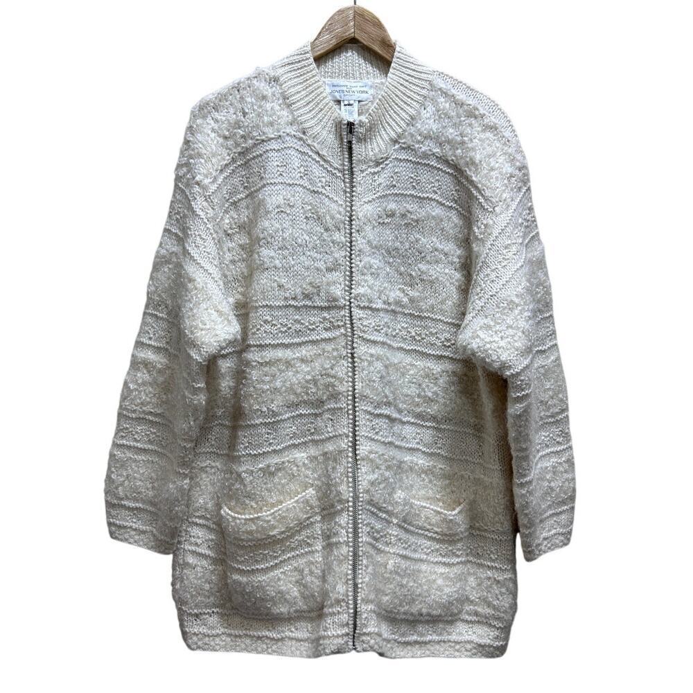 Jones New York Sport Hand Knit Mohair Wool Sweater S Long Cardigan Cream Zip